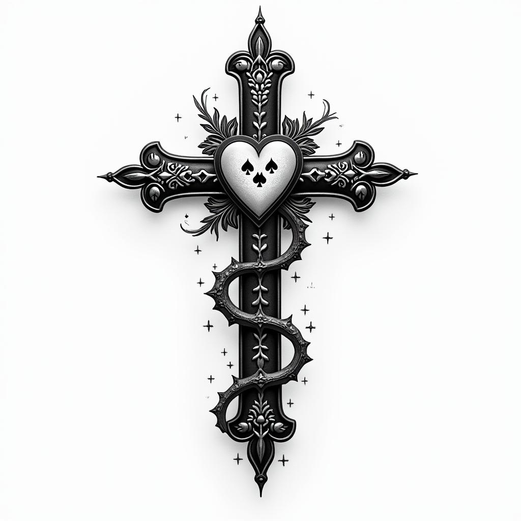 Filigree western with cross and deck of cardshigly detailed tattoo
