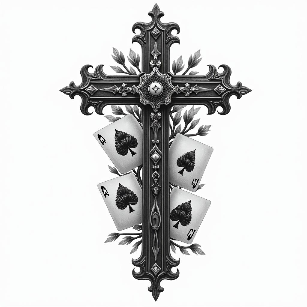 Filigree western with cross and deck of cardshigly detailed tattoo - Variation 4