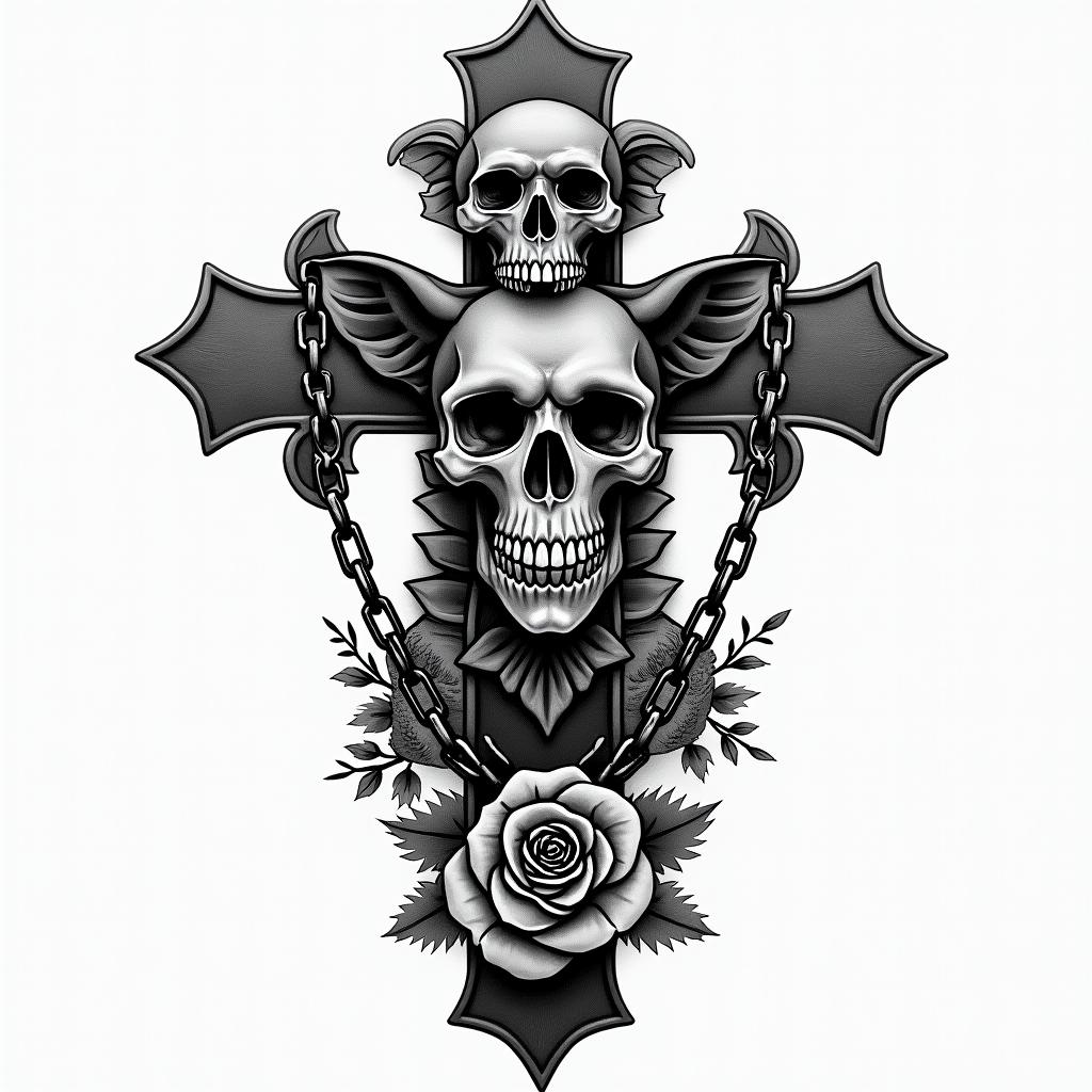 Hen dogin chicano style tattoo, featuring intricate black and grey shading, bold elements of traditional chicano culture symbols, add a big cross with skull, chains and roses - Variation 3