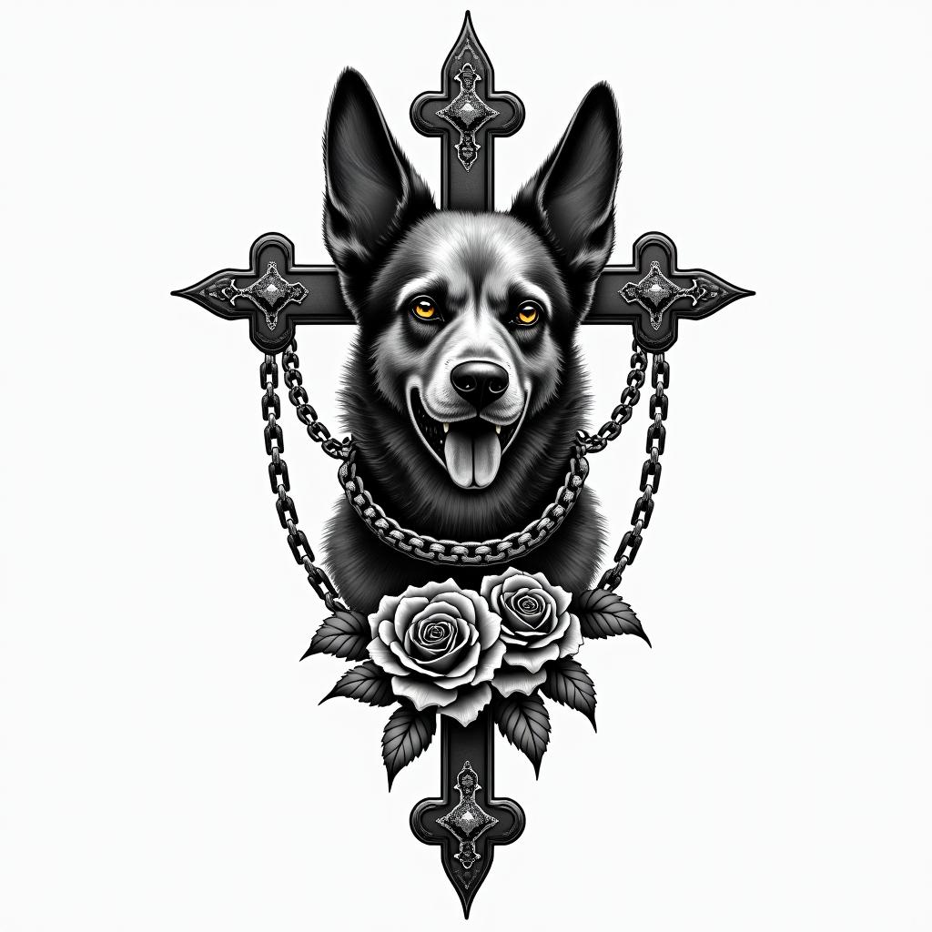 Hen dogin chicano style tattoo, featuring intricate black and grey shading, bold elements of traditional chicano culture symbols, add a big cross with skull, chains and roses