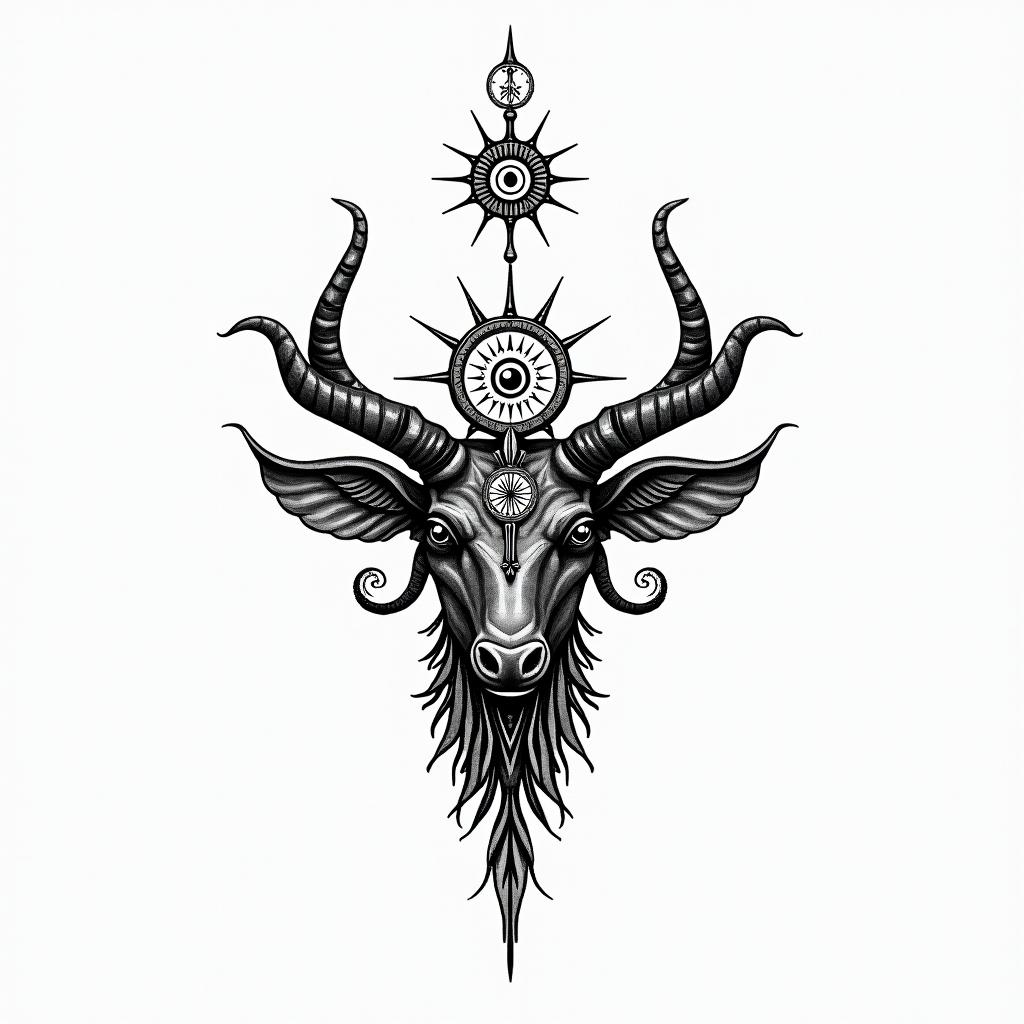 Destiny, Taurus, Floridain spiritual symbols tattoo style, featuring an intricate design incorporating elements, Hamsa hand, third eye, minimalist composition - Variation 3