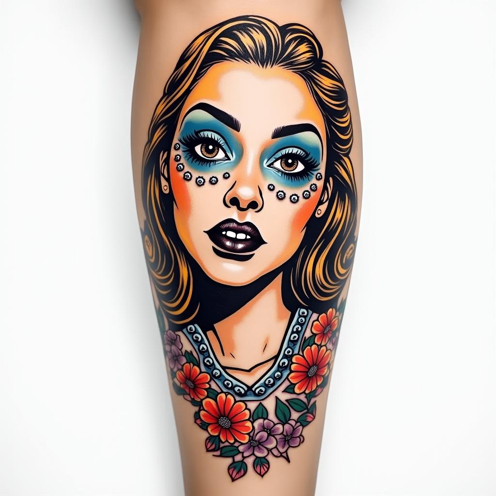 My name is BETE RENAUD, Use my name. Allude to modernity and to God. It’s a tattoo on the calf.in pop art style tattoo, featuring bold and vibrant colors, exaggerated outlines, iconic imagery, inspired by comic books and speech bubbles, comic book characters, retro pop culture - Variation 2