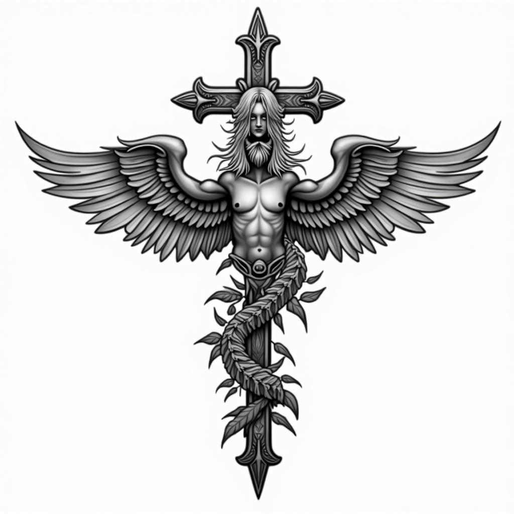 Cross and wings for tricepin bohemian style tattoo, 8k