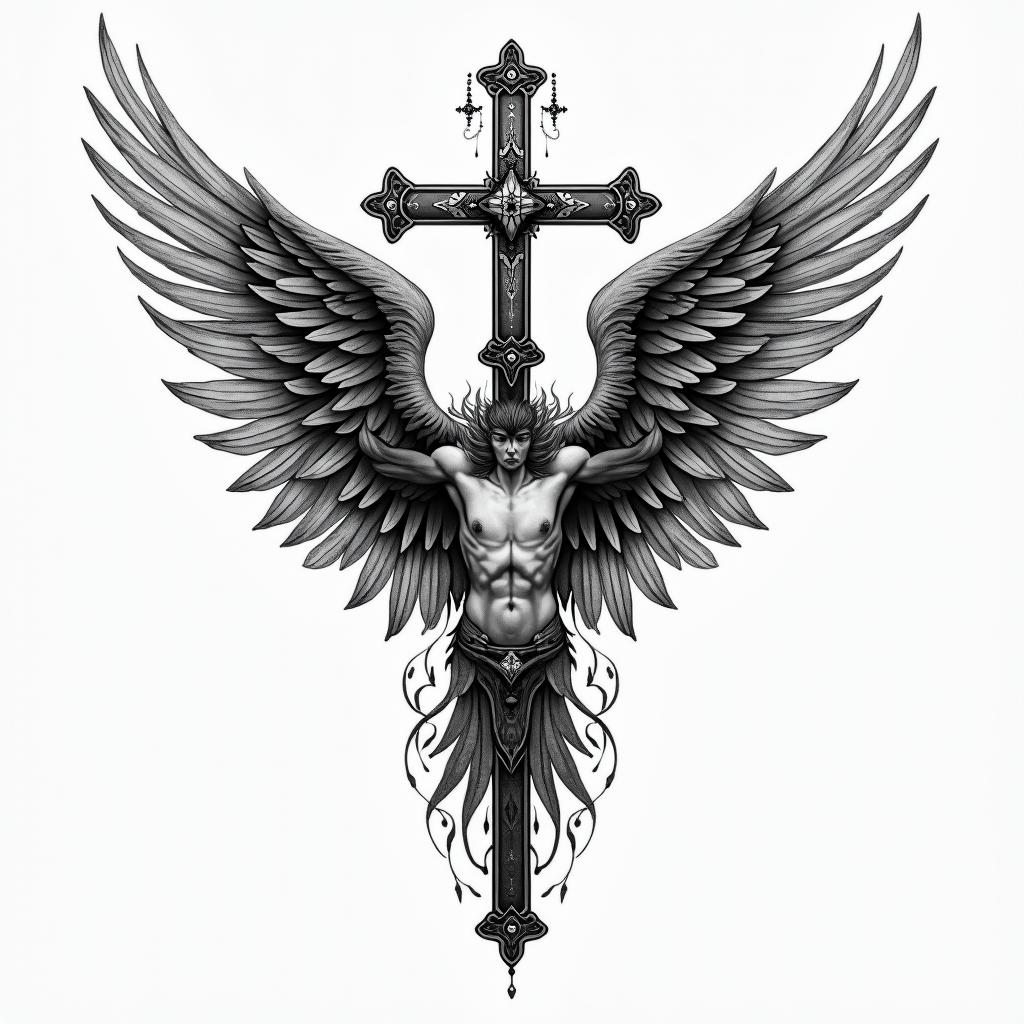 Cross and wings for tricepin bohemian style tattoo, 8k - Variation 3
