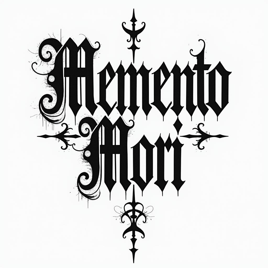 Memento mori, memento vivire 1985text-based tattoo, gothic font ultra-realistic, perfectly placed, high-quality font design, photo-realistic shading, 8k, high quality, finely detailed typography - Variation 4