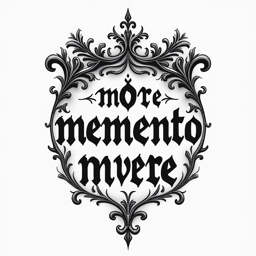 Memento mori, memento vivire 1985text-based tattoo, gothic font ultra-realistic, perfectly placed, high-quality font design, photo-realistic shading, 8k, high quality, finely detailed typography - Variation 3