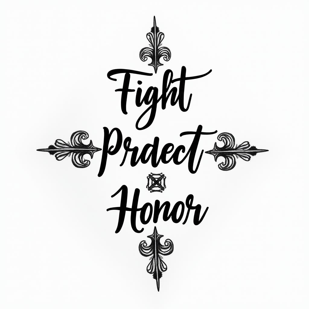 Simple. Cursive. Include words Fight. Protect. Honorhigly detailed tattoo - Variation 4