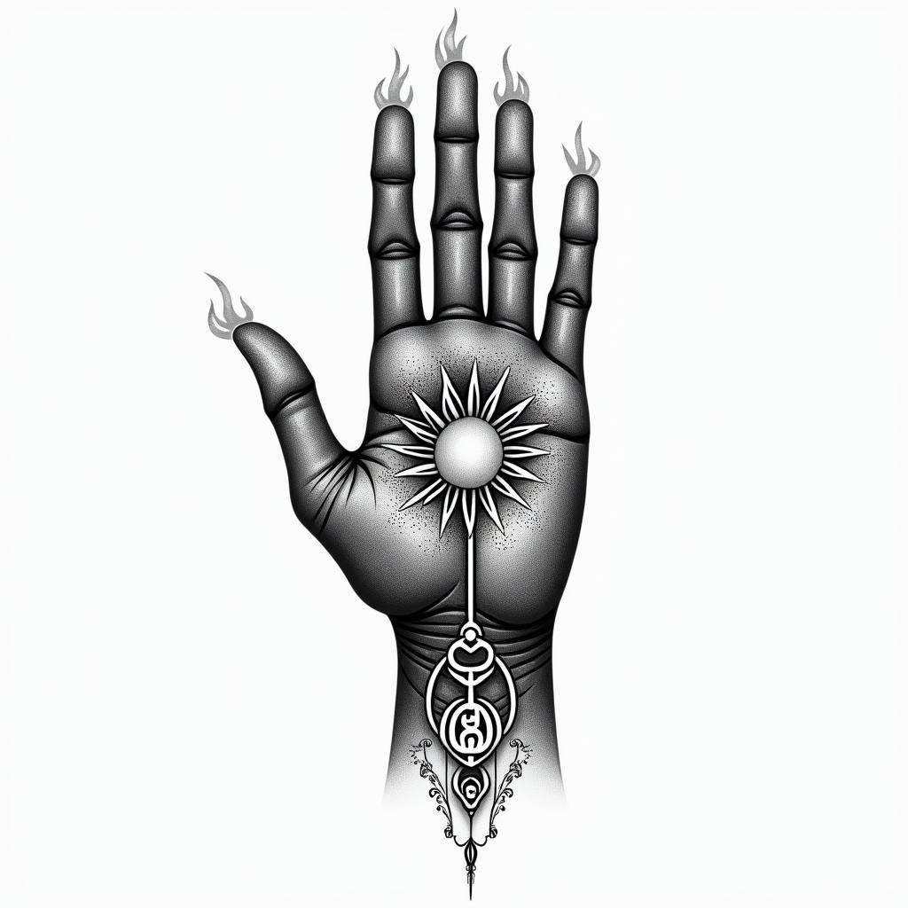 I want a buddhism hand with a flaming sun and arabic letters meaning water signs.in spiritual symbols tattoo style, featuring an intricate design incorporating elements, Hamsa hand, third eye, minimalist composition - Variation 4