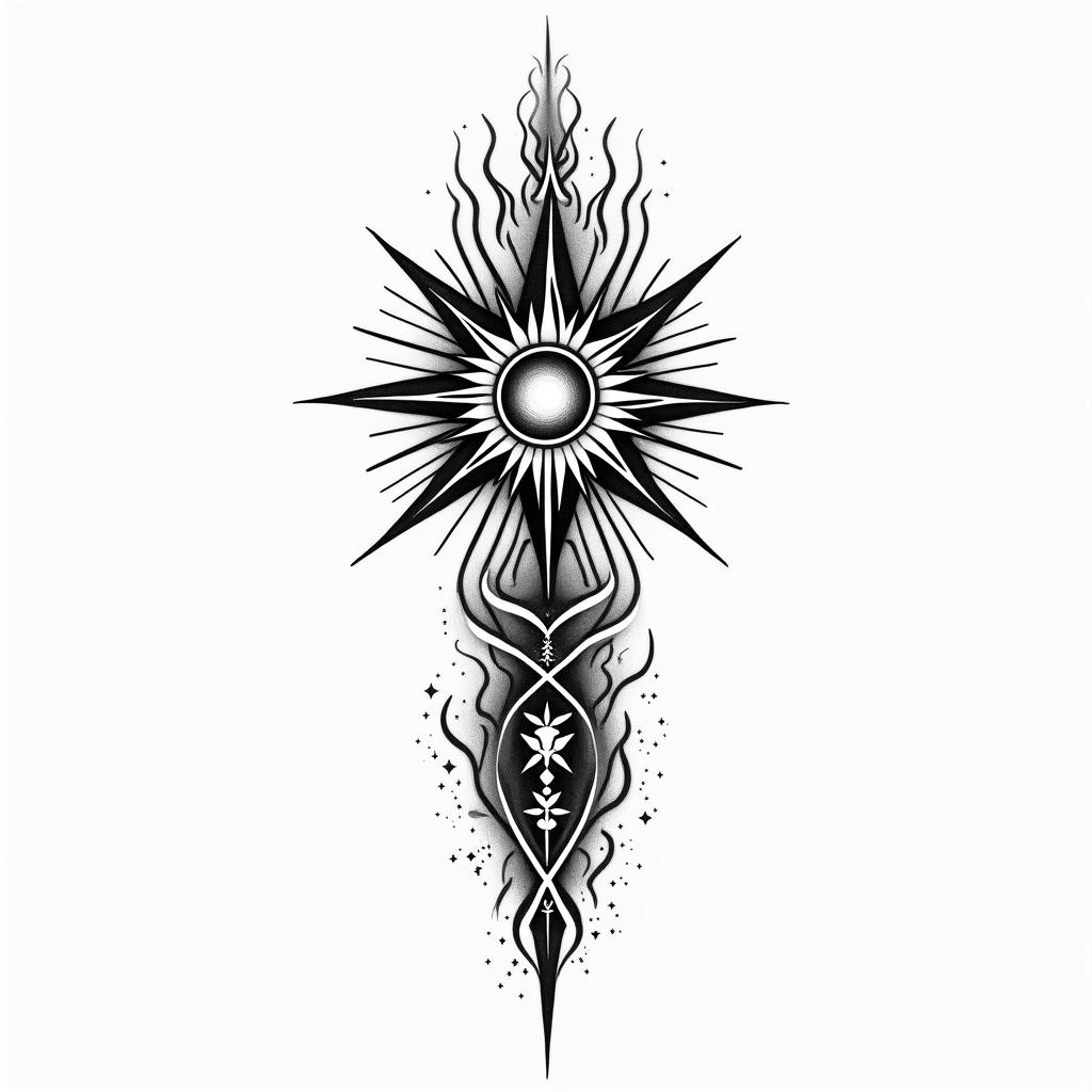 I want a buddhism hand with a flaming sun and arabic letters meaning water signs.in spiritual symbols tattoo style, featuring an intricate design incorporating elements, Hamsa hand, third eye, minimalist composition - Variation 2