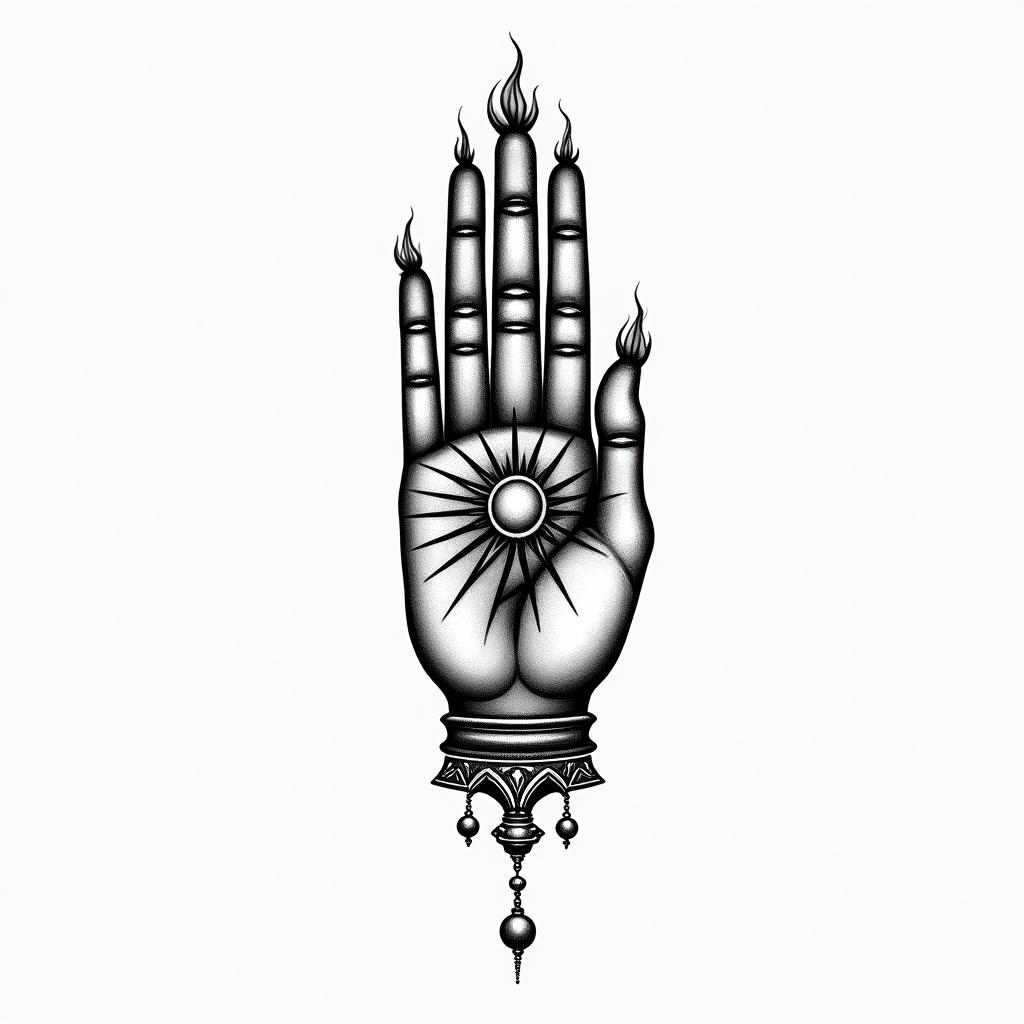 I want a buddhism hand with a flaming sun and arabic letters meaning water signs.in spiritual symbols tattoo style, featuring an intricate design incorporating elements, Hamsa hand, third eye, minimalist composition
