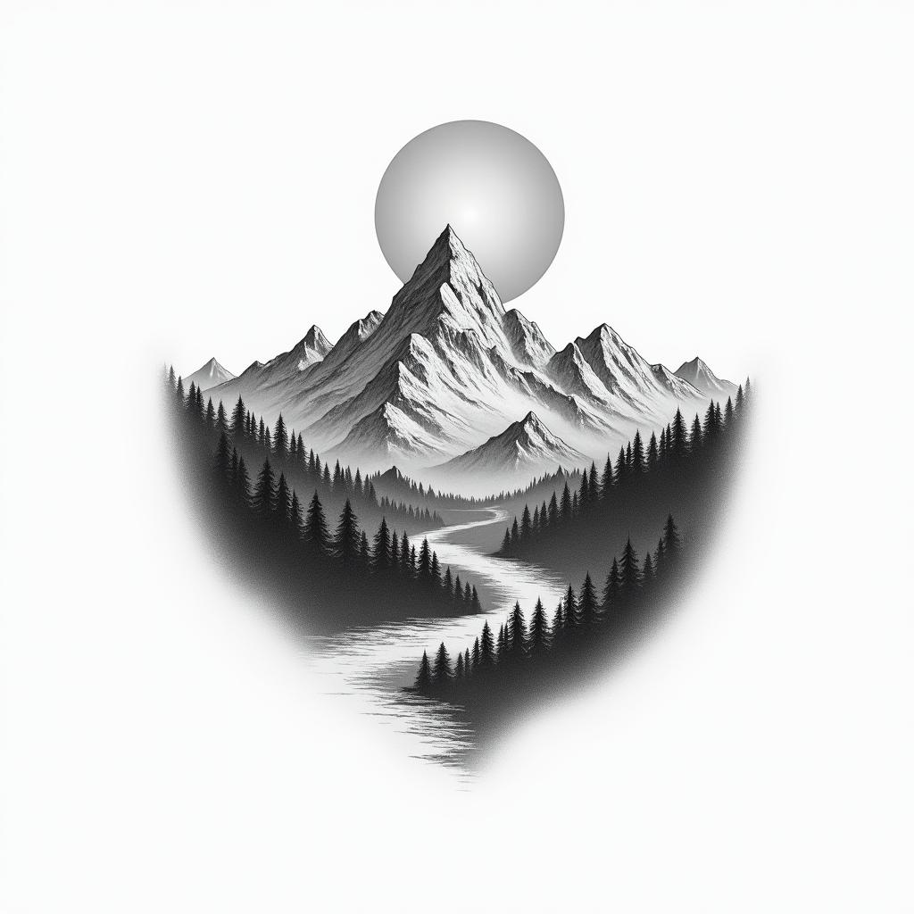Mountain range with a rising sunhigly detailed tattoo - Variation 5