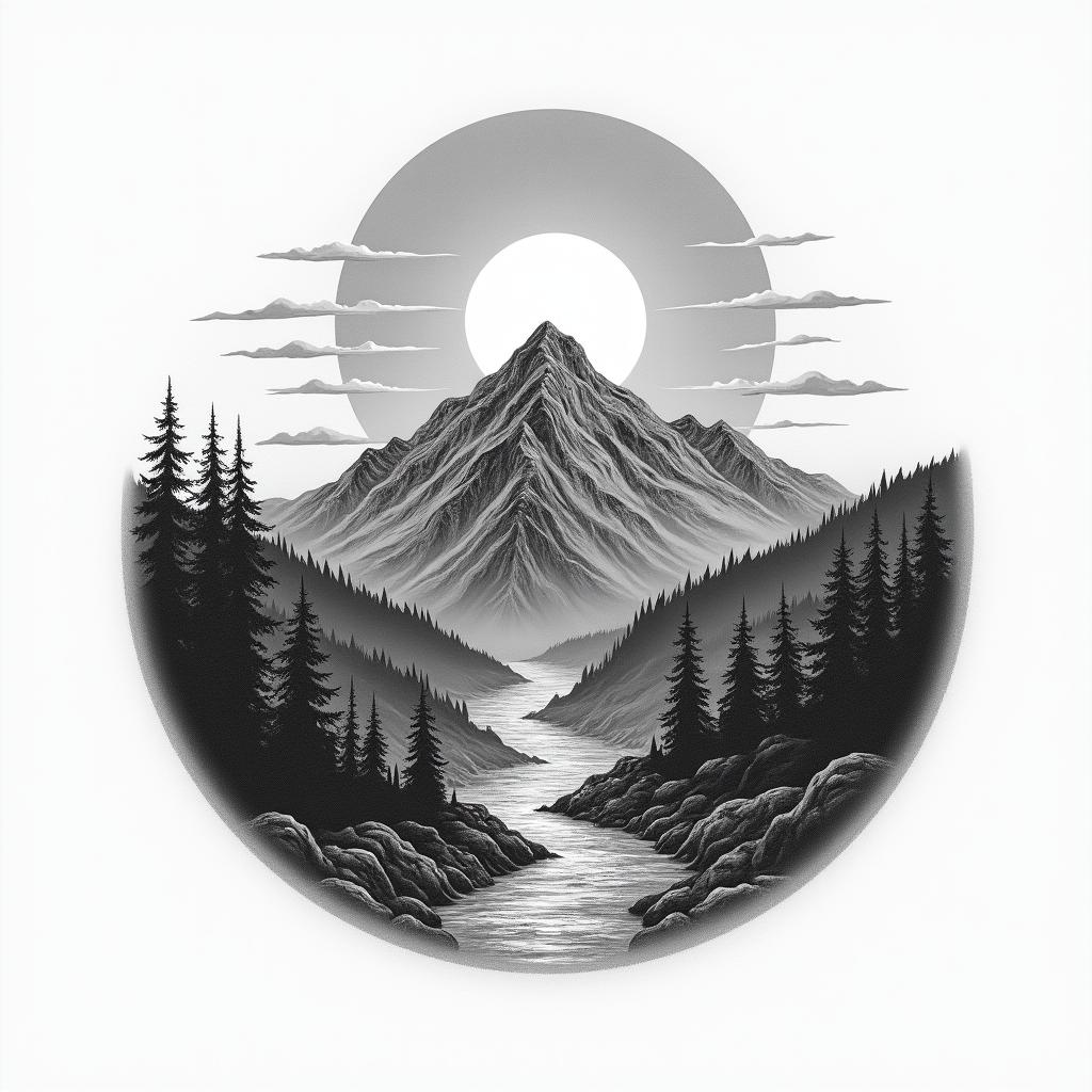 Mountain range with a rising sunhigly detailed tattoo - Variation 7