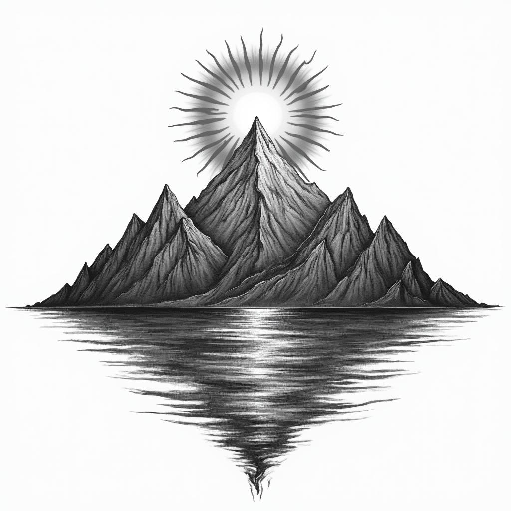 Mountain range with a rising sunhigly detailed tattoo - Variation 8