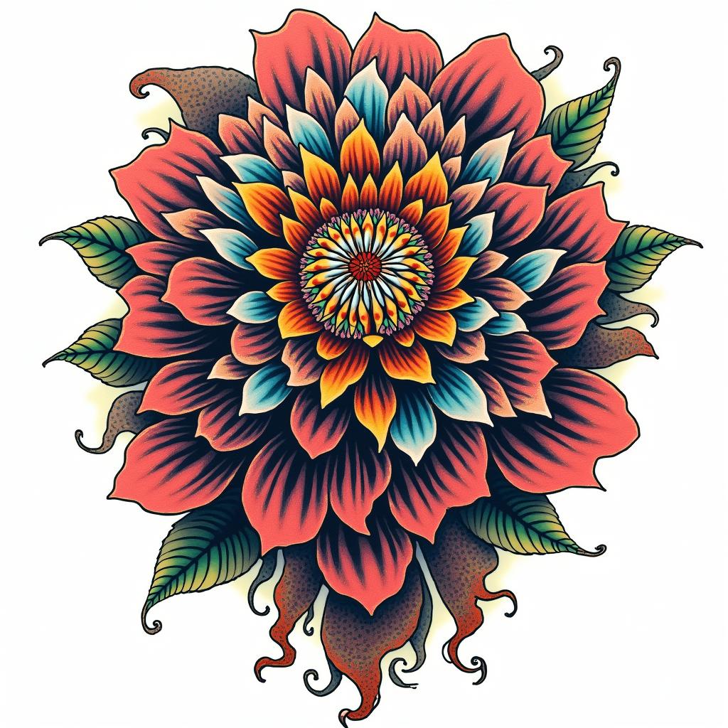 Fractal, mandelbrotin pop art style tattoo, featuring bold and vibrant colors, exaggerated outlines, iconic imagery, inspired by comic books and speech bubbles, comic book characters, retro pop culture - Variation 1