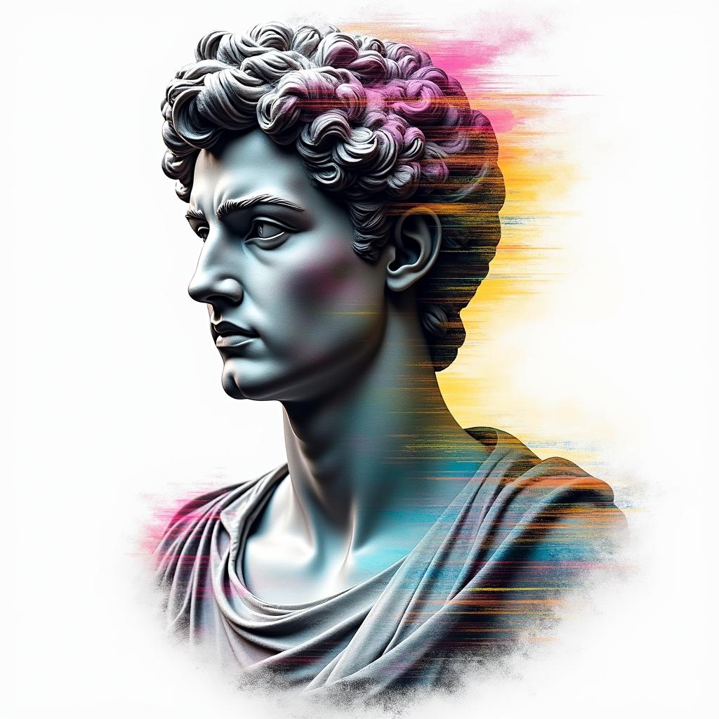 Andrés Pérez Capricorn January 1984in distorted and fragmented tattoo design, featuring a classical statue bust, in a glitch art style with vibrant, overlapping colors of cyan, magenta, and yellow, creating a digital distortion effect