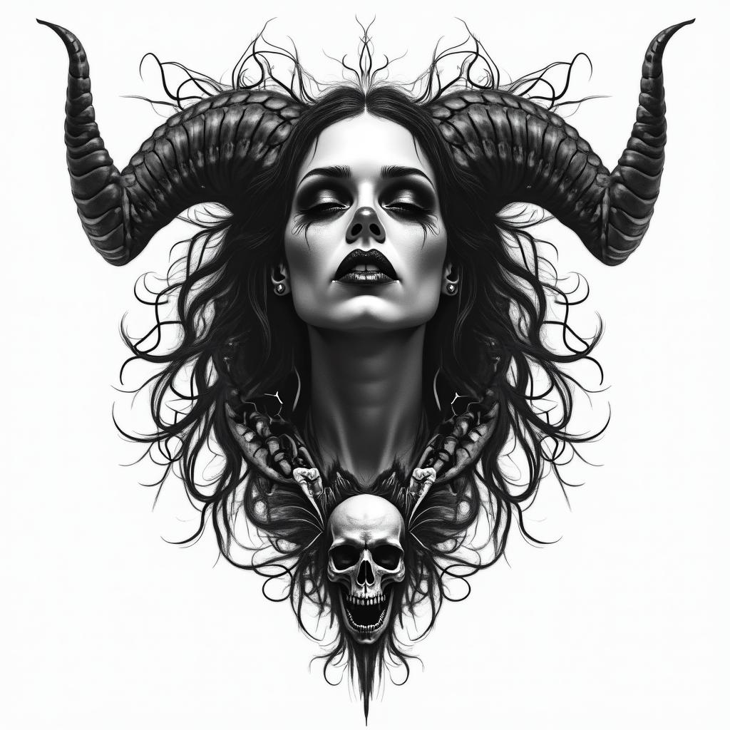 Nix the goddess of death in horror tattoo style, showcasing haunting and unsettling, dark and gritty textures with skulls, eerie faces, jgged designs, bold and intense shading - Variation 2