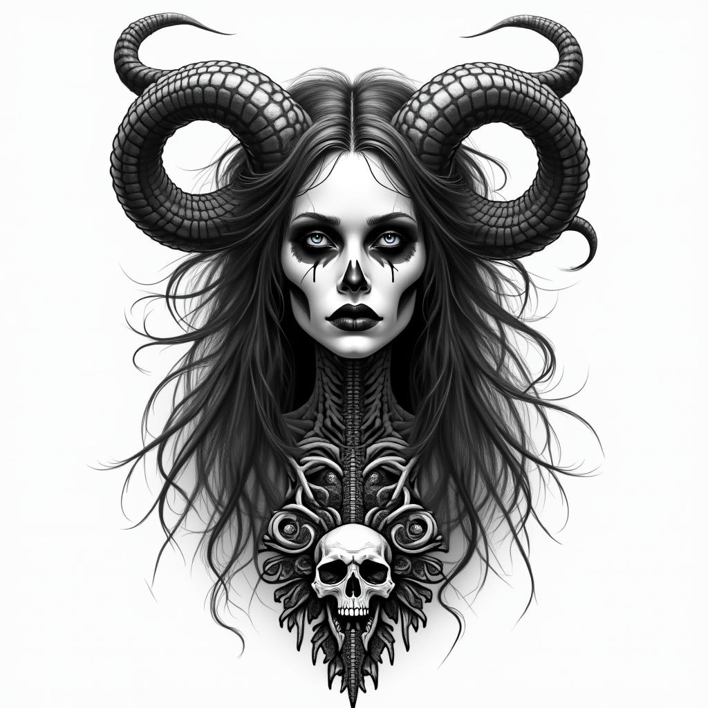 Nix the goddess of death in horror tattoo style, showcasing haunting and unsettling, dark and gritty textures with skulls, eerie faces, jgged designs, bold and intense shading - Variation 3