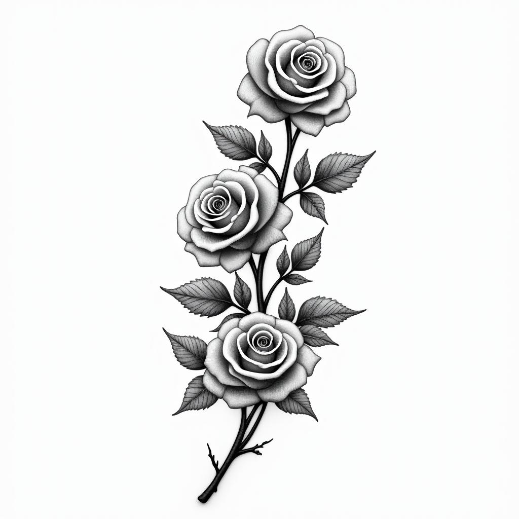 Branch of ivy with roses of different sizeshigly detailed tattoo - Variation 6