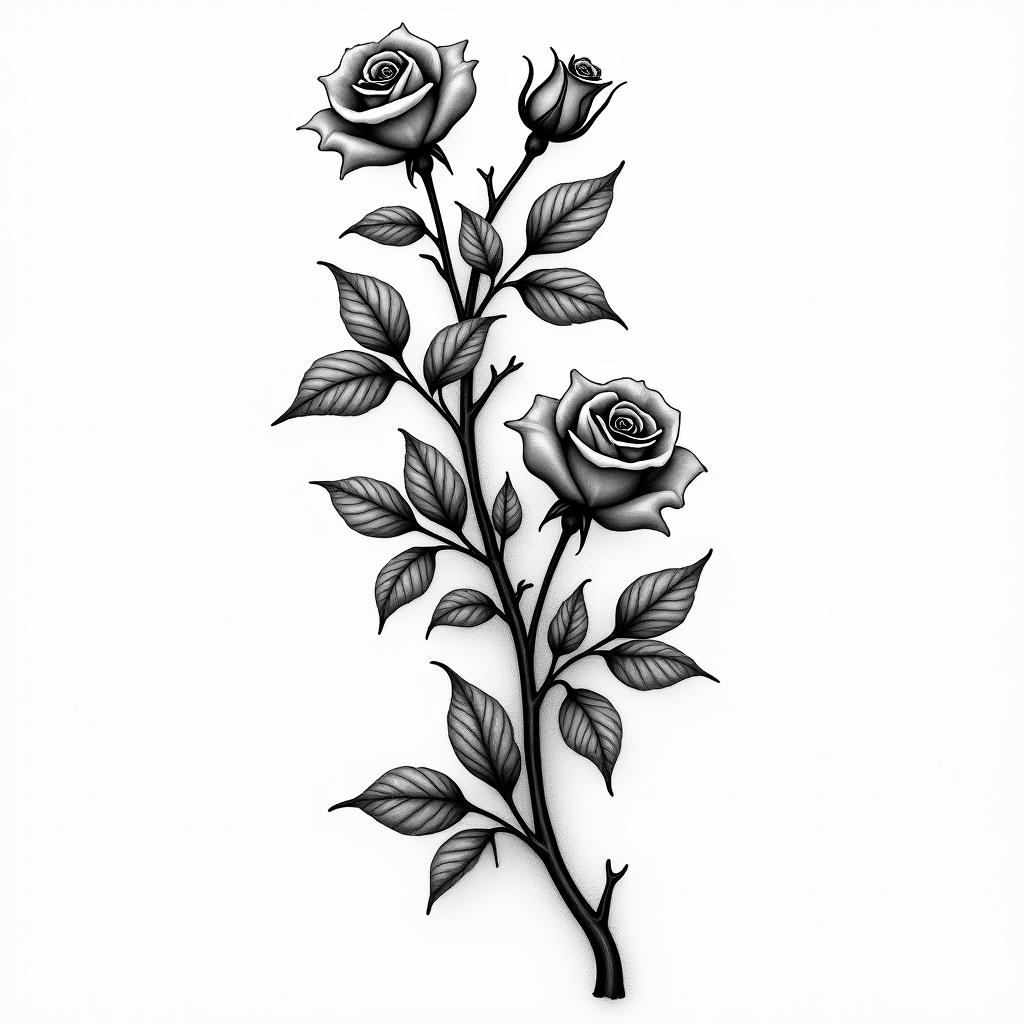 Branch of ivy with roses of different sizeshigly detailed tattoo - Variation 8