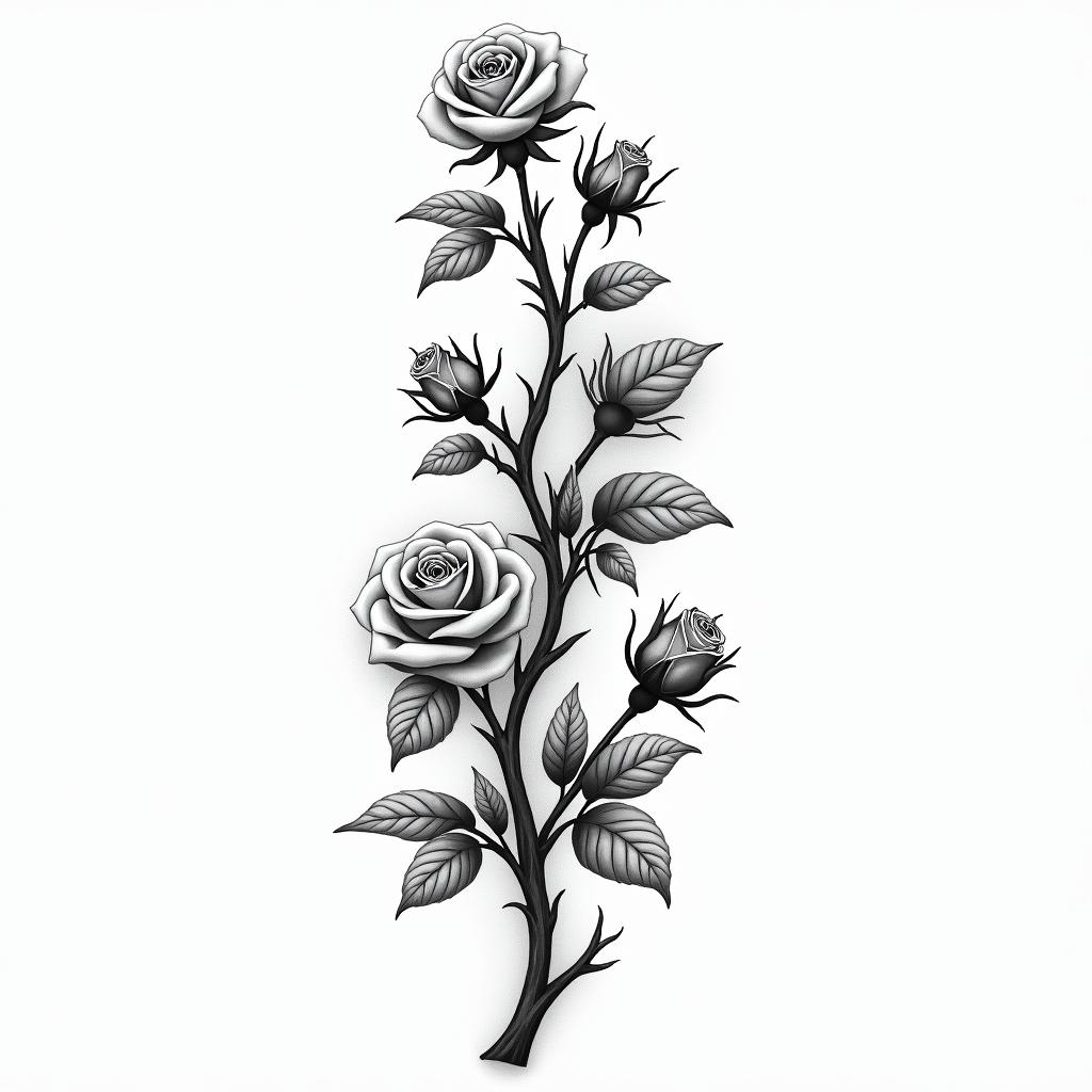 Branch of ivy with roses of different sizeshigly detailed tattoo - Variation 5