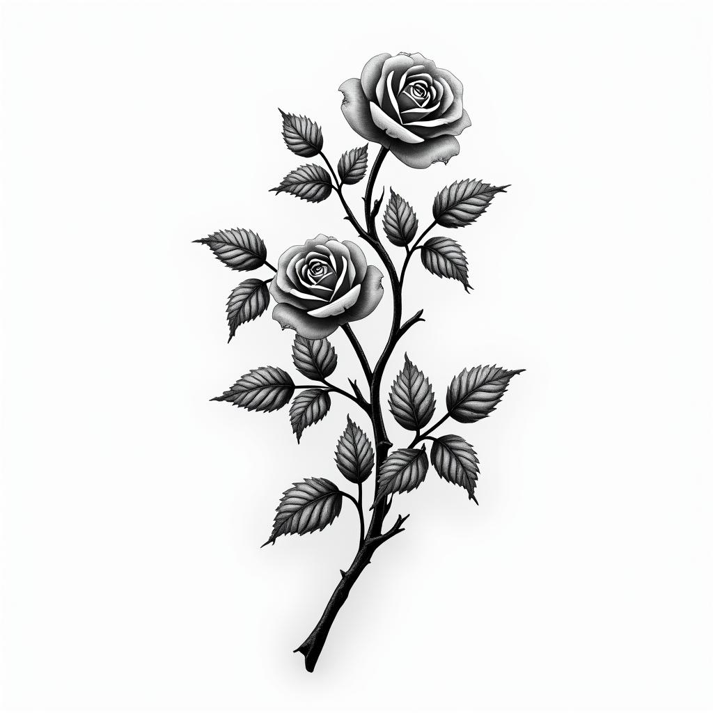 Branch of ivy with roses of different sizeshigly detailed tattoo - Variation 7