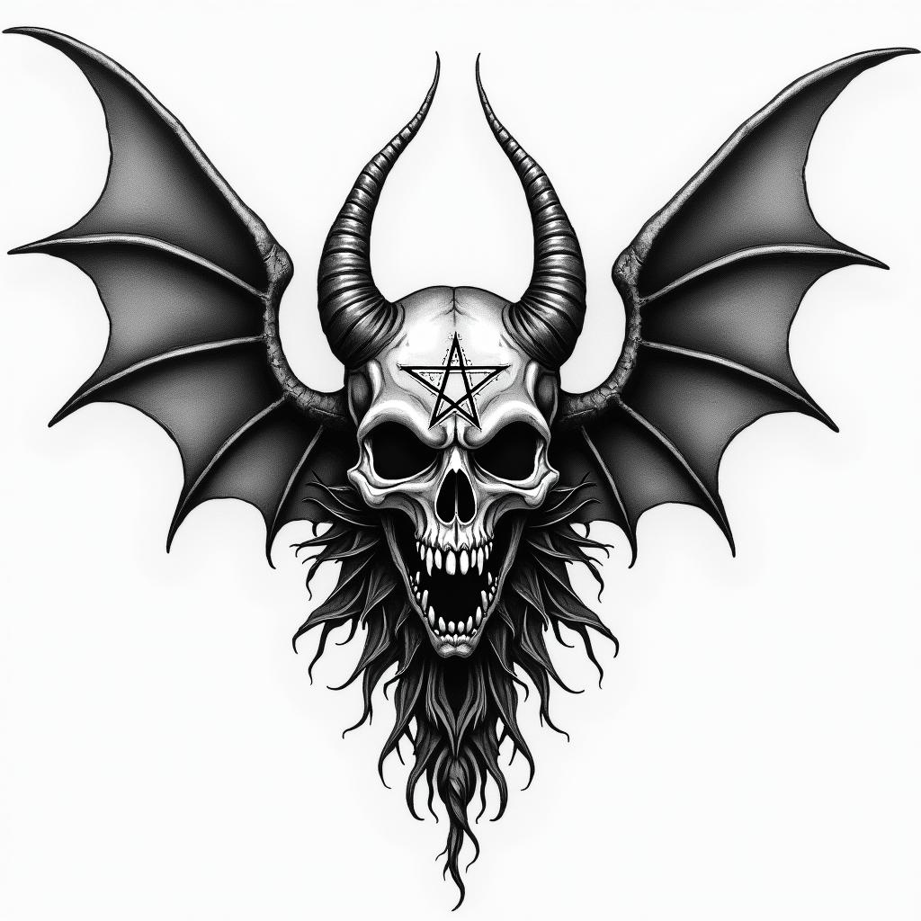 Tiger Rose Wingscreepy horror tattoo style, featuring an eerie and unsettling skull of a demonic creature, distorted face with sharp fangs, add pentagram symbol - Variation 2