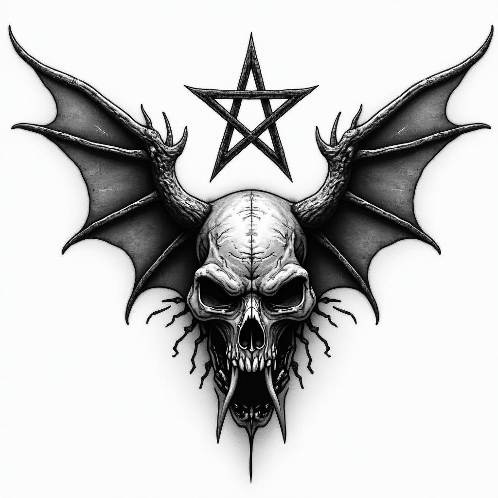 Tiger Rose Wingscreepy horror tattoo style, featuring an eerie and unsettling skull of a demonic creature, distorted face with sharp fangs, add pentagram symbol