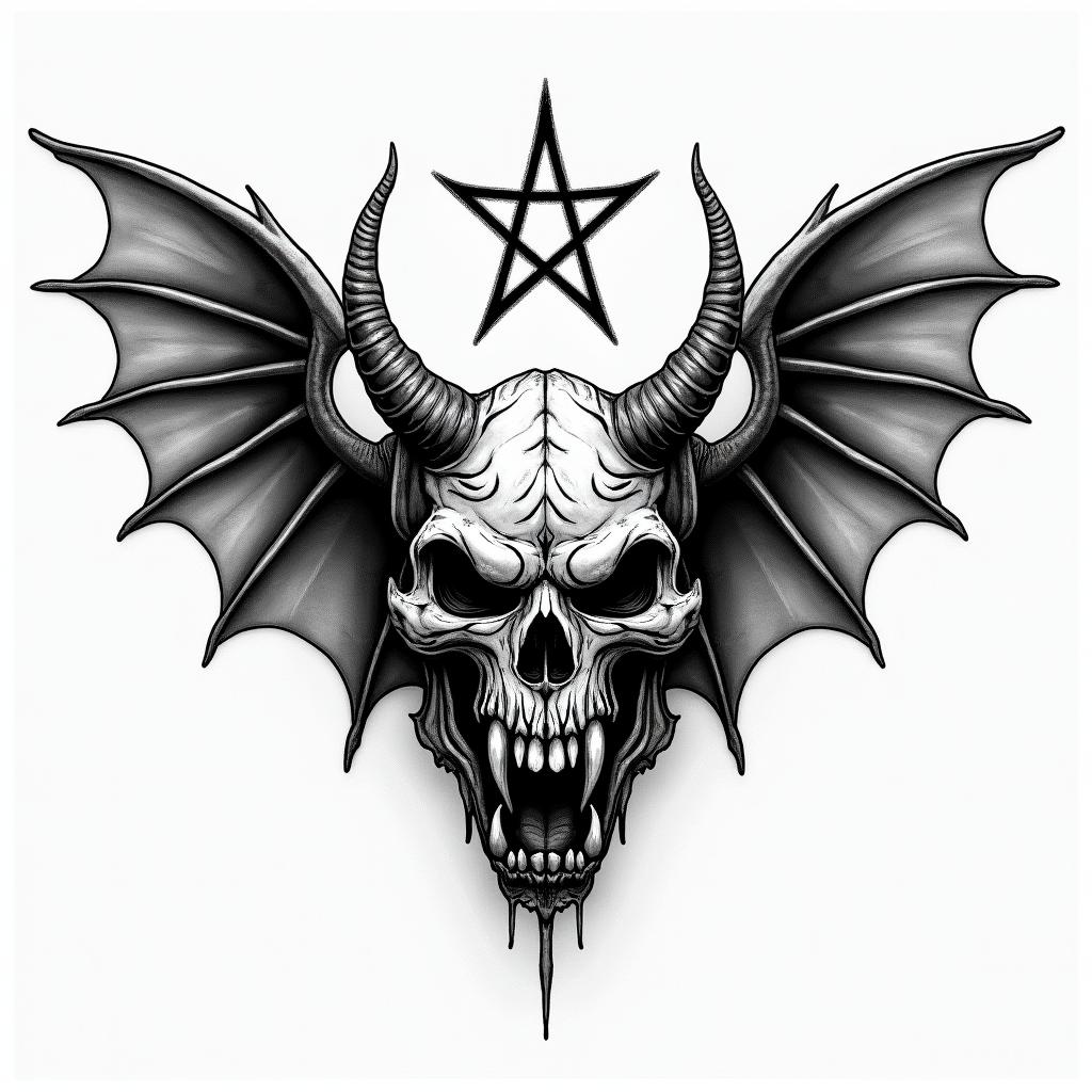 Tiger Rose Wingscreepy horror tattoo style, featuring an eerie and unsettling skull of a demonic creature, distorted face with sharp fangs, add pentagram symbol - Variation 4