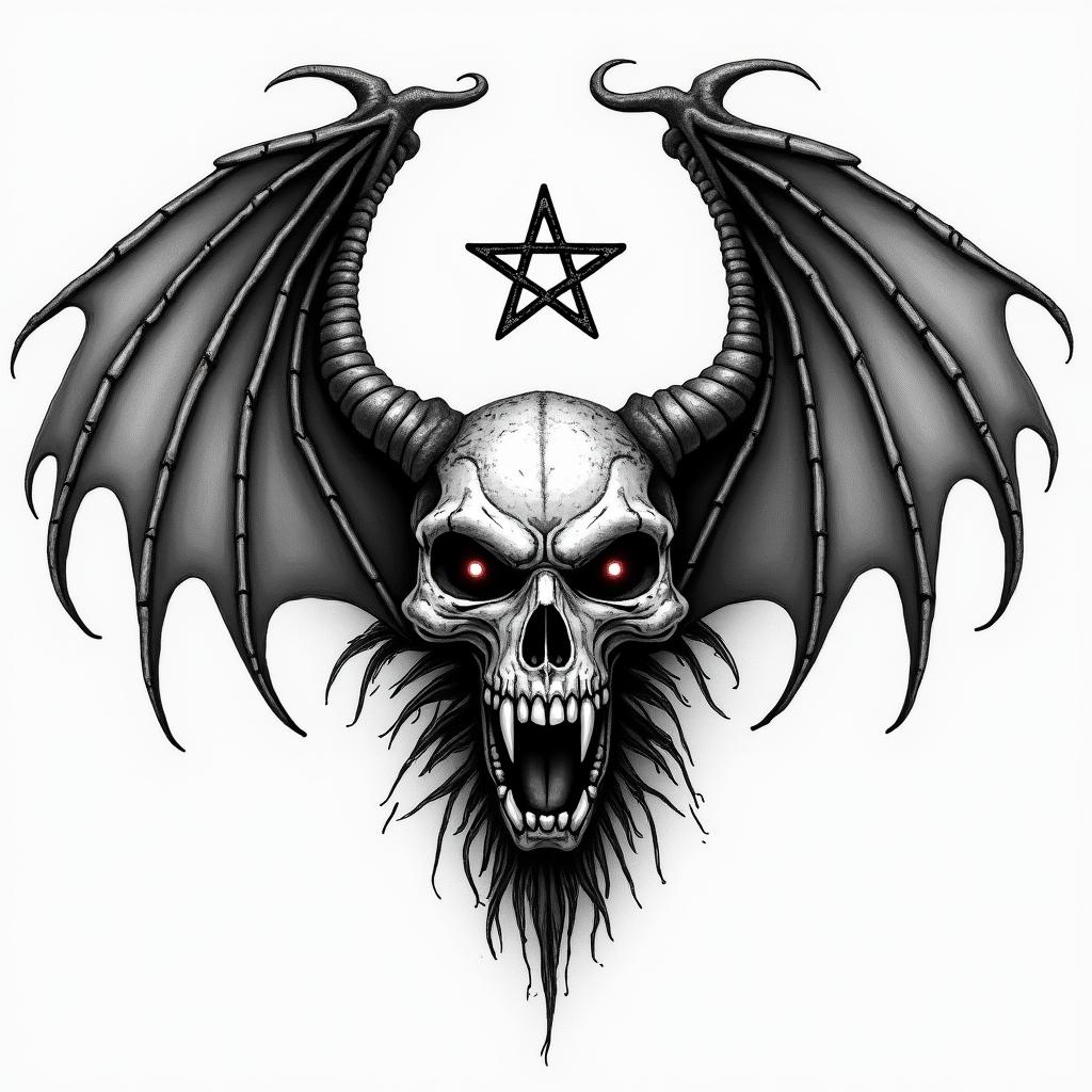 Tiger Rose Wingscreepy horror tattoo style, featuring an eerie and unsettling skull of a demonic creature, distorted face with sharp fangs, add pentagram symbol - Variation 3