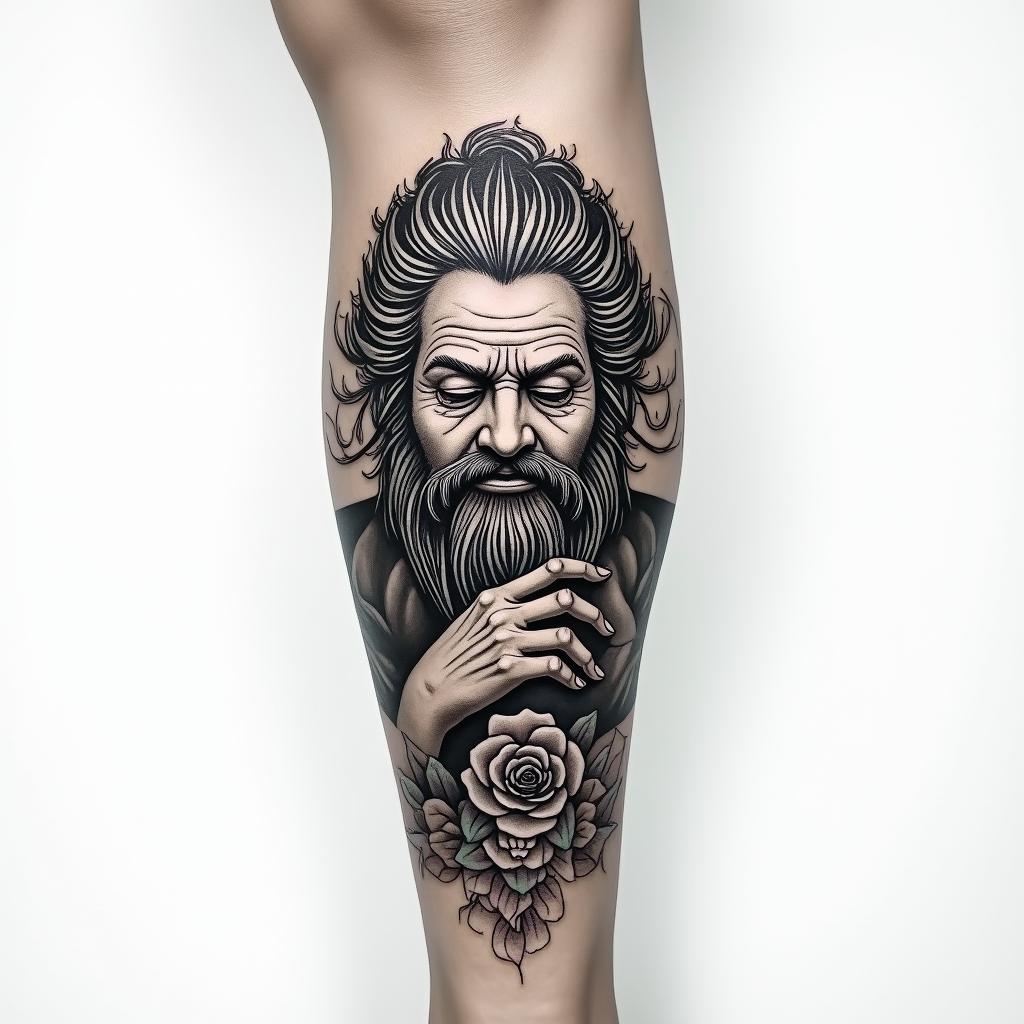 My name is BETE RENAUD, Use my name. Allude to modernity and God. It's a tattoo on the calf.in japanese style tattoo, detailed tattoo, traditional japanese culture tattoo, mythology, 8k - Variation 1