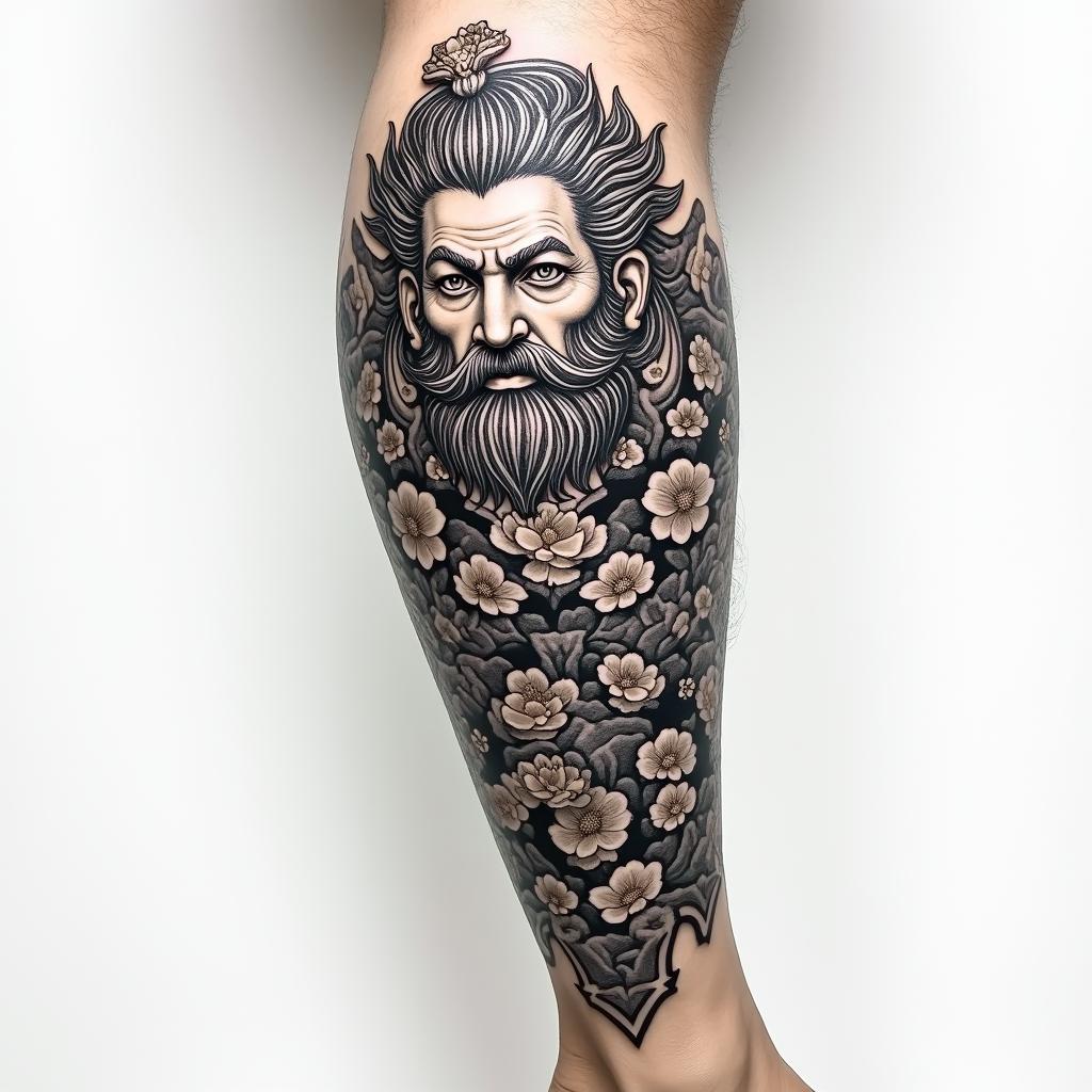 My name is BETE RENAUD, Use my name. Allude to modernity and God. It's a tattoo on the calf.in japanese style tattoo, detailed tattoo, traditional japanese culture tattoo, mythology, 8k - Variation 3