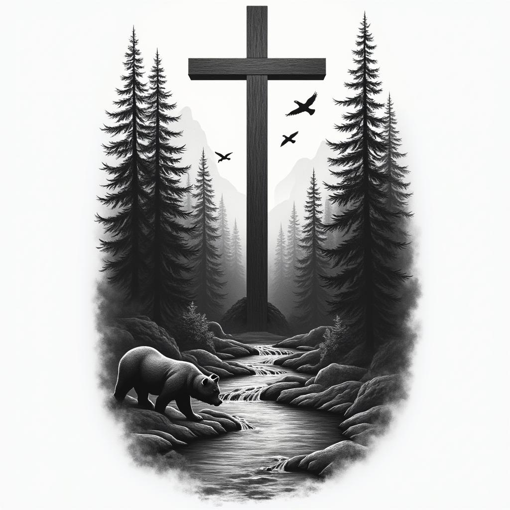 A realistic half-sleeve tattoo featuring a large cross at the center with thick beams of light emanating from it. Behind the cross, a serene Appalachian Mountain scene showcases dark, shady woods, with a flowing creek that has pronounced features like a sandbar. Incorporate a bear near the water, along with flying birds amidst the trees. Include space for the Bible verse John 3:13-14, harmonizing with the natural elements to create a cohesive, meaningful design.higly detailed tattoo - Variation 4