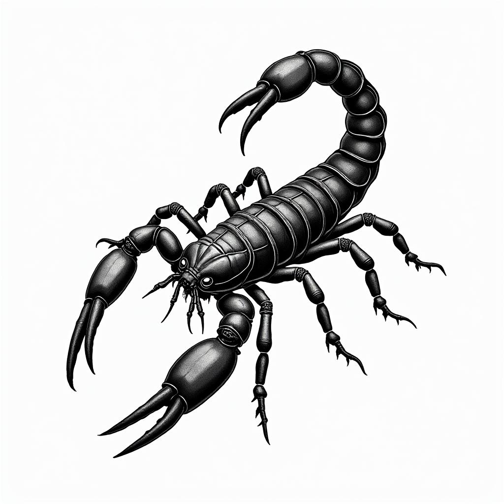 Scorpion with sharp, detailed clawsin authentic tattoo style, incorporating traditional modifications, bold black outlines, solid color fills, featuring classic authentic elements - Variation 4