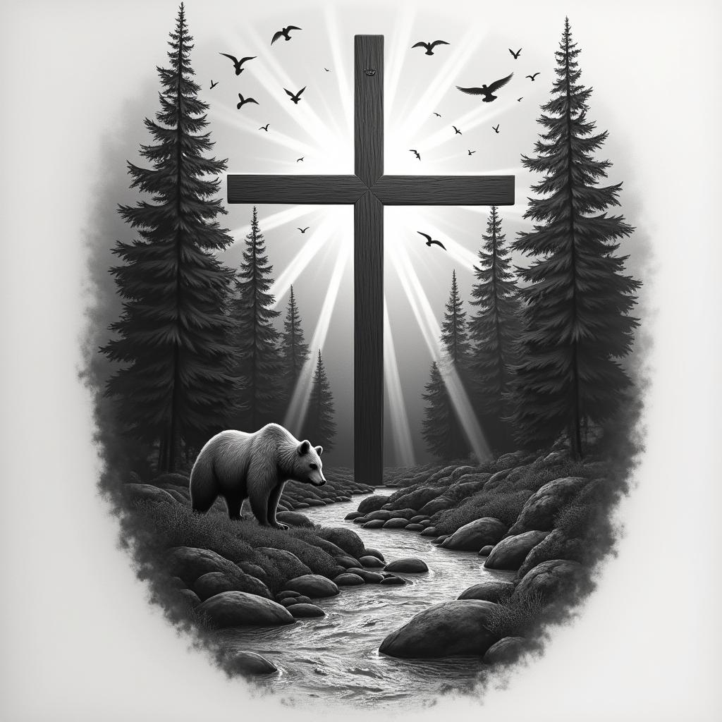 A realistic half-sleeve tattoo featuring a large cross at the center with thick beams of light emanating from it. Behind the cross, a serene Appalachian Mountain scene showcases dark, shady woods, with a flowing creek that has pronounced features like a sandbar. Incorporate a bear near the water, along with flying birds amidst the trees. Include space for the Bible verse John 3:13-14, harmonizing with the natural elements to create a cohesive, meaningful design.higly detailed tattoo - Variation 3
