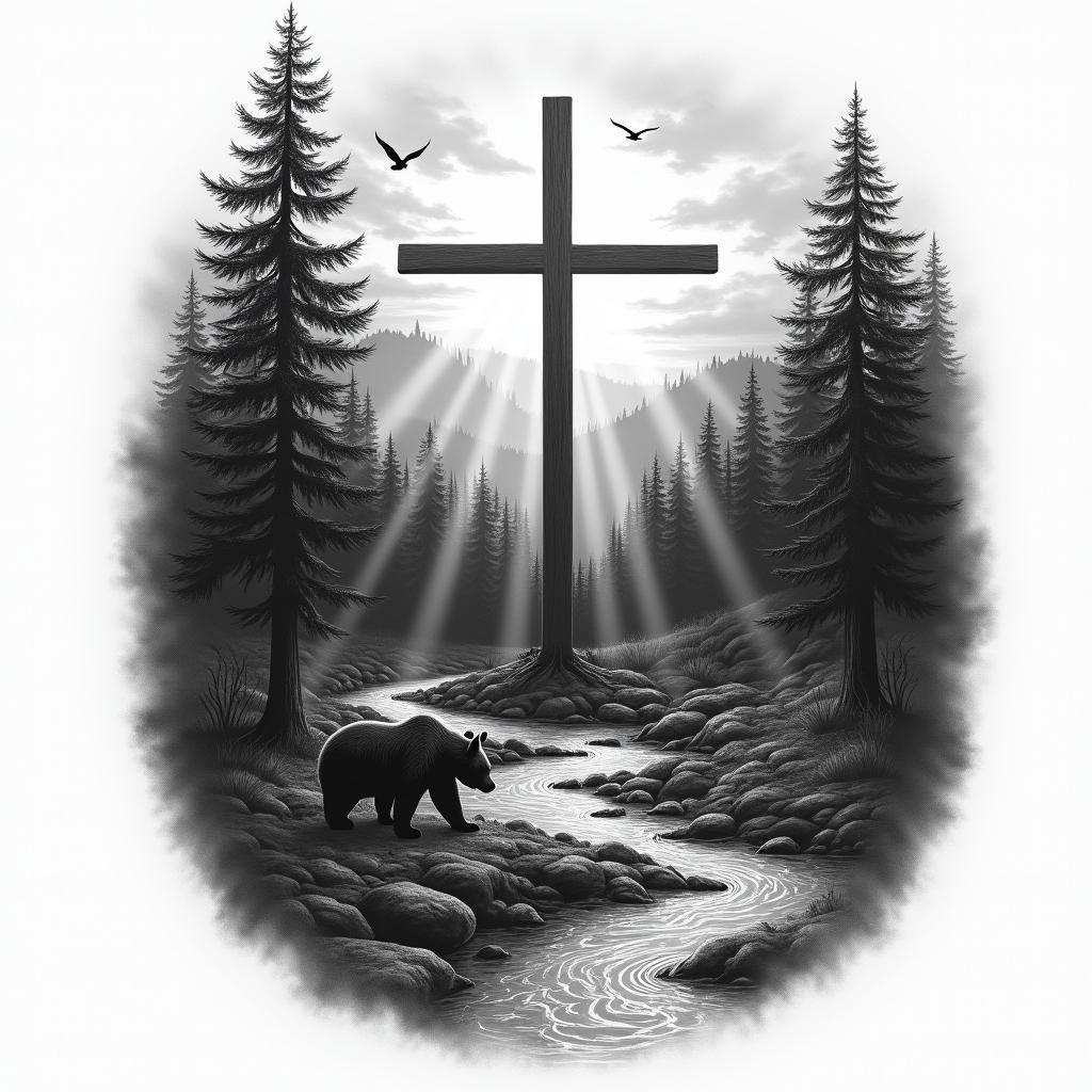 A realistic half-sleeve tattoo featuring a large cross at the center with thick beams of light emanating from it. Behind the cross, a serene Appalachian Mountain scene showcases dark, shady woods, with a flowing creek that has pronounced features like a sandbar. Incorporate a bear near the water, along with flying birds amidst the trees. Include space for the Bible verse John 3:13-14, harmonizing with the natural elements to create a cohesive, meaningful design.higly detailed tattoo - Variation 2
