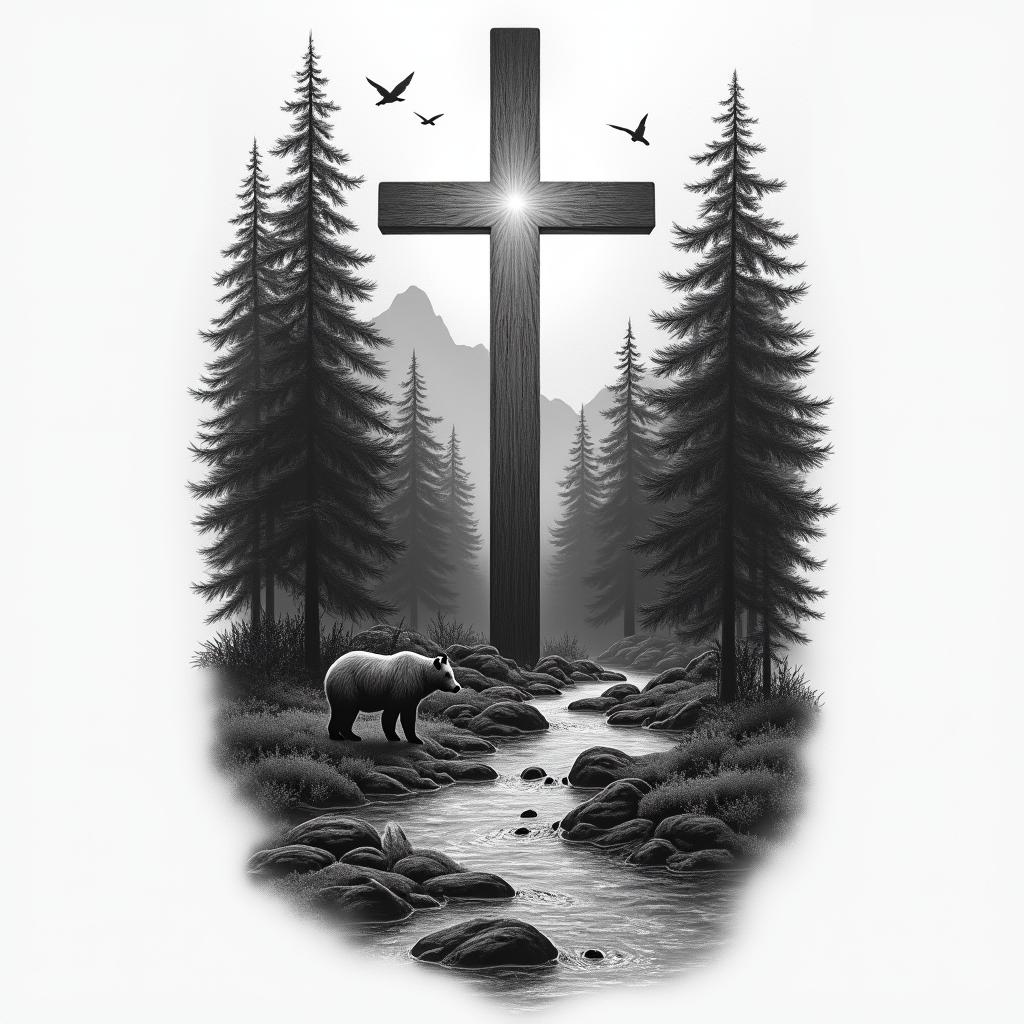 A realistic half-sleeve tattoo featuring a large cross at the center with thick beams of light emanating from it. Behind the cross, a serene Appalachian Mountain scene showcases dark, shady woods, with a flowing creek that has pronounced features like a sandbar. Incorporate a bear near the water, along with flying birds amidst the trees. Include space for the Bible verse John 3:13-14, harmonizing with the natural elements to create a cohesive, meaningful design.higly detailed tattoo