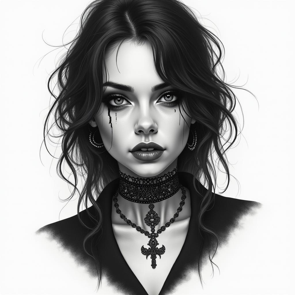 Pretty goth womanin portrait tattoo style, featuring a highly realistic and detailed depiction  - Variation 4