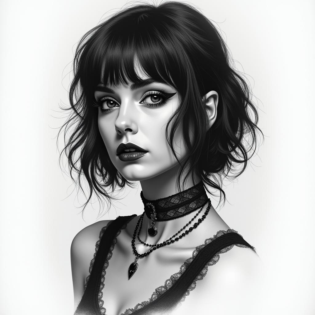 Pretty goth womanin portrait tattoo style, featuring a highly realistic and detailed depiction