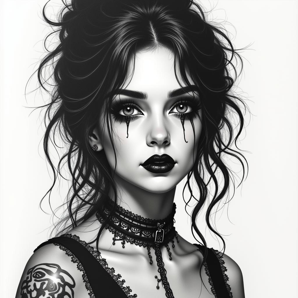 Pretty goth womanin portrait tattoo style, featuring a highly realistic and detailed depiction  - Variation 3
