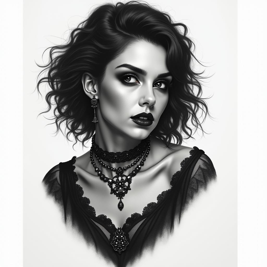 Pretty goth womanin portrait tattoo style, featuring a highly realistic and detailed depiction  - Variation 2
