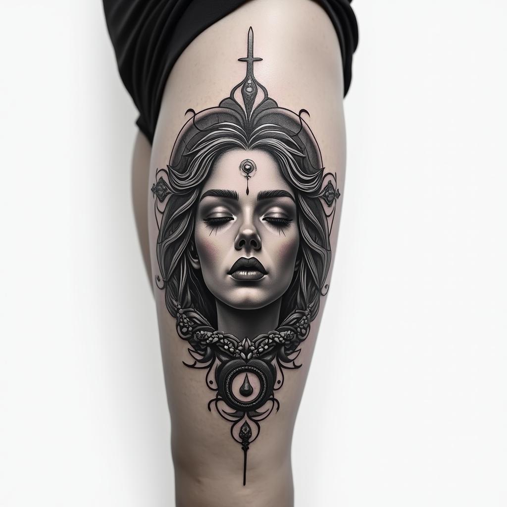 My name is BETE RENAUD, Use my name. Allude to modernity and God. It's a tattoo on the calf.higly detailed tattoo - Variation 2