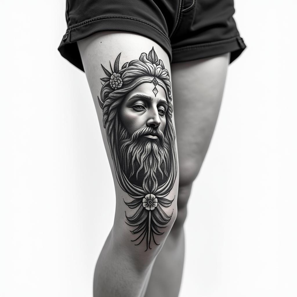 My name is BETE RENAUD, Use my name. Allude to modernity and God. It's a tattoo on the calf.higly detailed tattoo - Variation 4