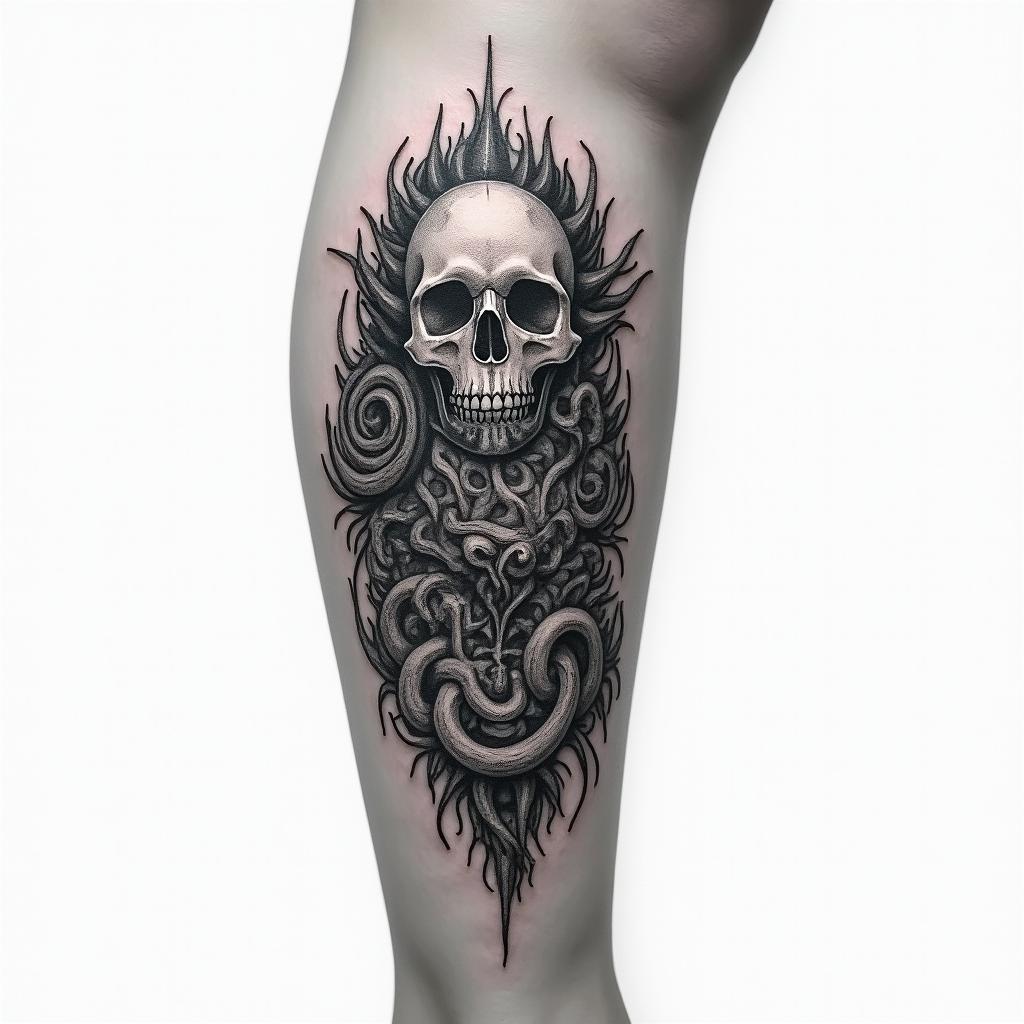 My name is BETE RENAUD, Use my name. Allude to modernity and God. It's a tattoo on the calf.higly detailed tattoo