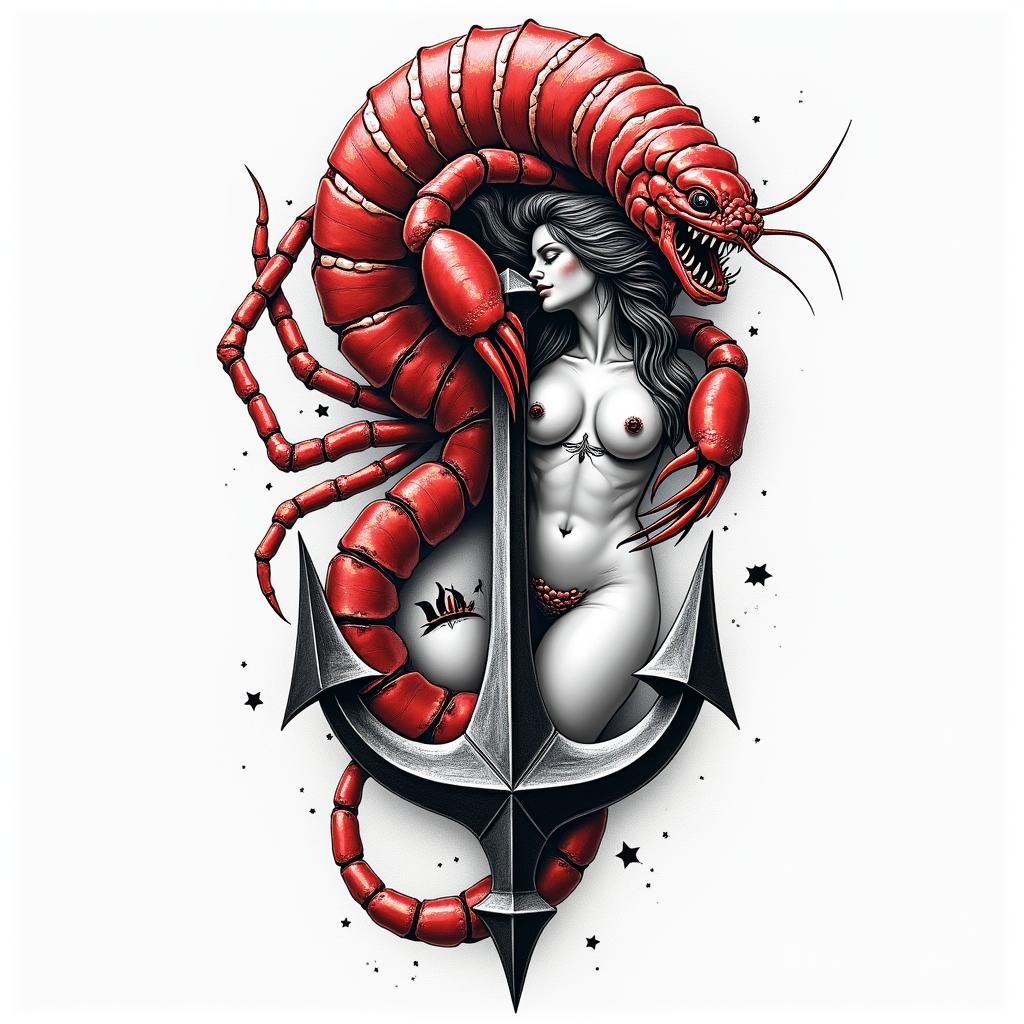 Red scorpion and sexy woman intertwined with an anchor.higly detailed tattoo - Variation 2