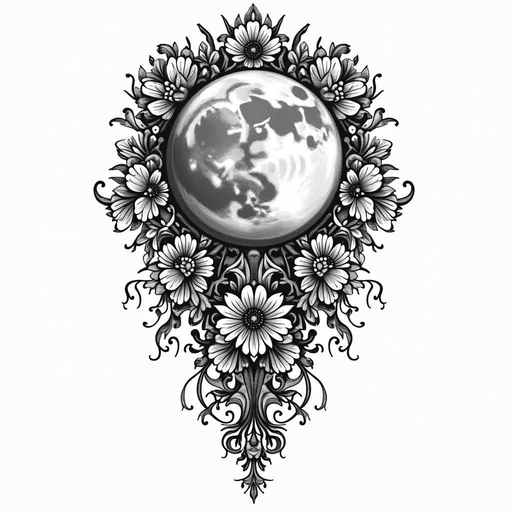 Frank William Campbell 88 moon water controlled chaosin ornamental tattoo style, featuring intricate symmetrical patterns and floral designs, showcasing highly detailed line work and geometric shapes, creating a sense of elegance and balance - Variation 4