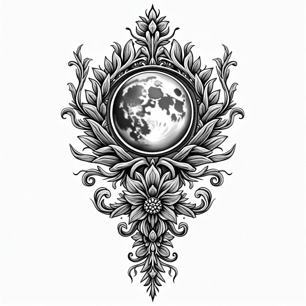 Frank William Campbell 88 moon water controlled chaosin ornamental tattoo style, featuring intricate symmetrical patterns and floral designs, showcasing highly detailed line work and geometric shapes, creating a sense of elegance and balance