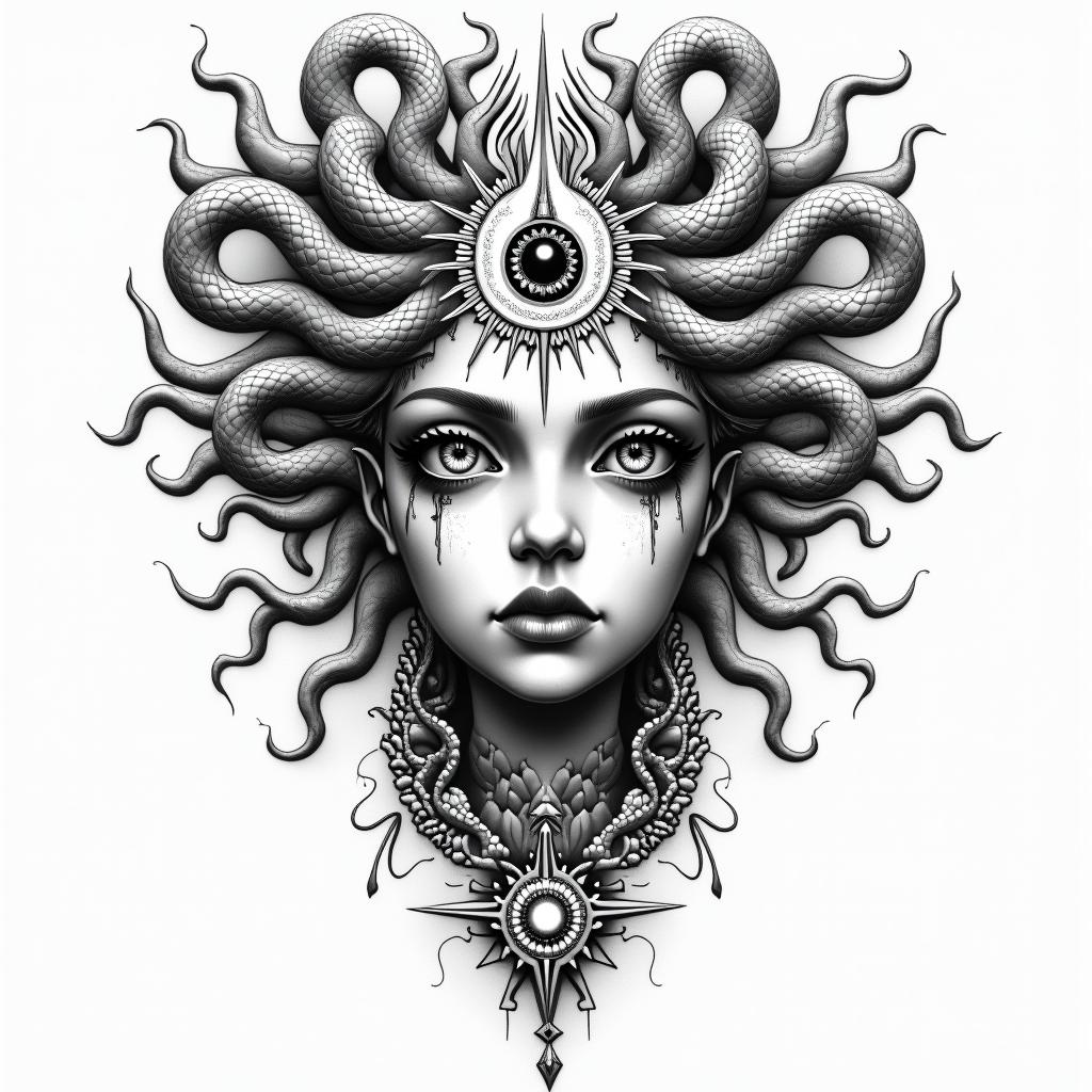 Medusa, childhood trauma, rebirth, beauty, deathin prophecy tattoo style, featuring mystical symbols, celestial imagery like stars, moons, suns, geometric patterns, foretelling elements, an eye of wisdom - Variation 3
