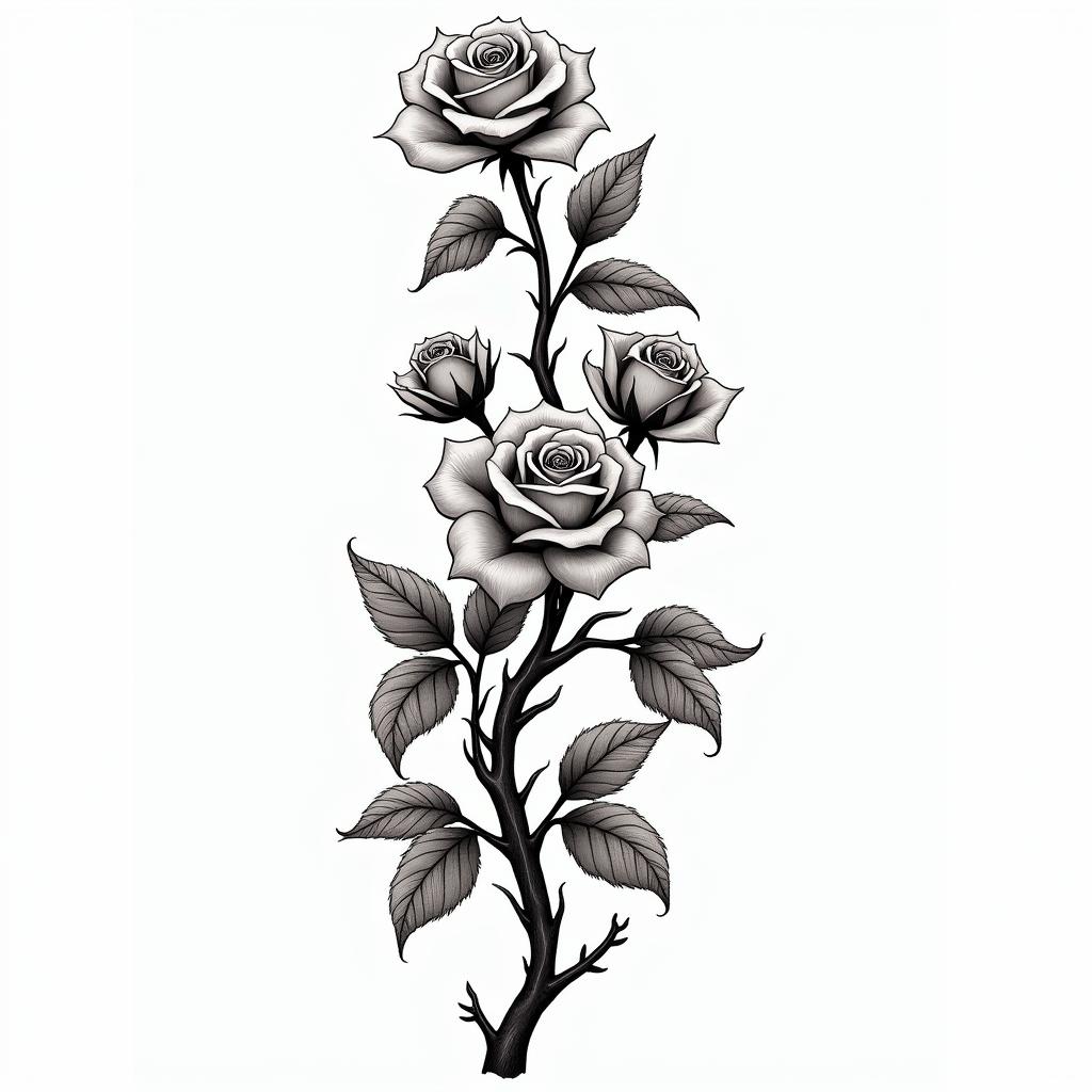 Branch of ivy with roses of different sizeshigly detailed tattoo - Variation 3
