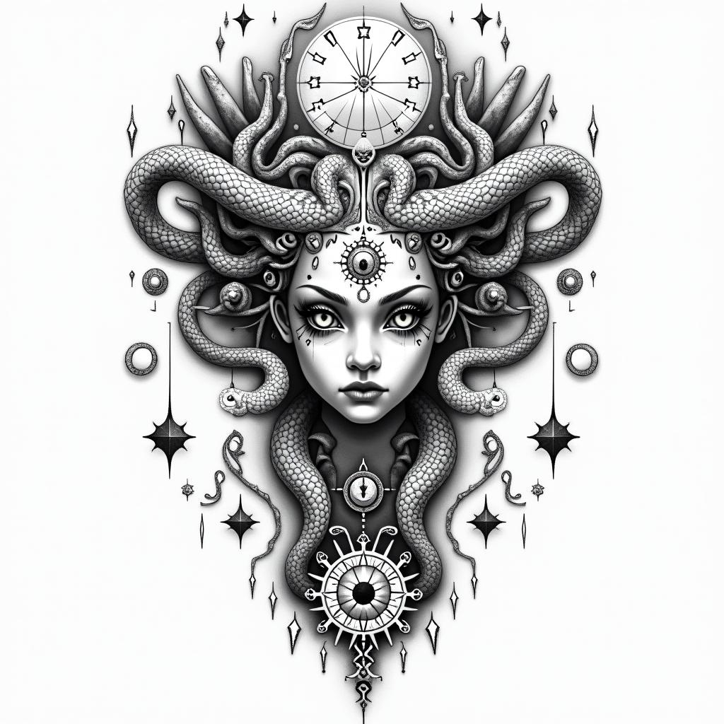 Medusa, childhood trauma, rebirth, beauty, deathin prophecy tattoo style, featuring mystical symbols, celestial imagery like stars, moons, suns, geometric patterns, foretelling elements, an eye of wisdom - Variation 2