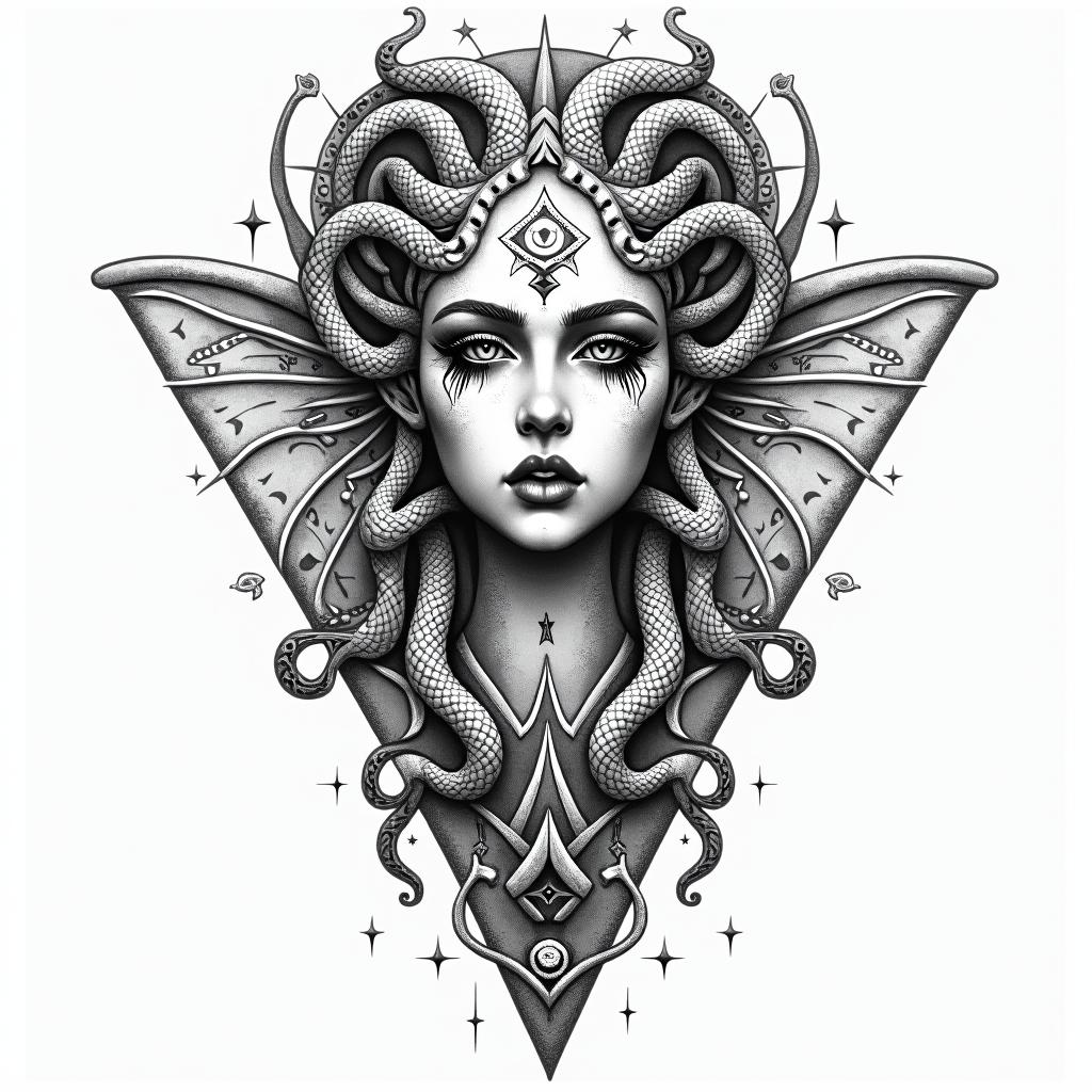 Medusa, childhood trauma, rebirth, beauty, deathin prophecy tattoo style, featuring mystical symbols, celestial imagery like stars, moons, suns, geometric patterns, foretelling elements, an eye of wisdom - Variation 4